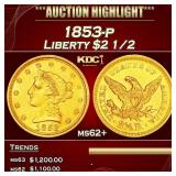 1853-p Gold Liberty Quarter Eagle $2 1/2 ms62+ SEG
