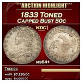 1833 Capped Bust Half Dollar Toned 50c ms64+ SEGS