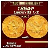 1854-p Gold Liberty Quarter Eagle $2 1/2 Select Un