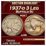 1937-d 3 Leg Buffalo Nickel 5c Choice AU/BU Slider