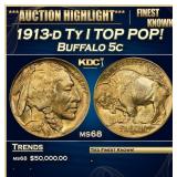 1913-d Ty I Buffalo Nickel TOP POP! 5c ms68 SEGS