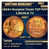 1924-p Lincoln Cent Rainbow Toned TOP POP! 1c ms67