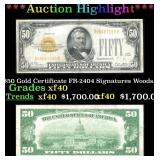 1928 $50 Gold Certificate FR-2404 Signatures Woods
