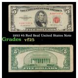 1953 $5 Red Seal United States Note Grades vf+