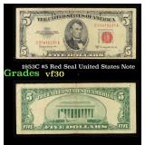 1953C $5 Red Seal United States Note Grades vf++