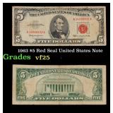 1963 $5 Red Seal United States Note Grades vf+