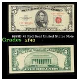 1953B $5 Red Seal United States Note Grades xf