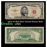 1953 $5 Red Seal United States Note Grades vf+