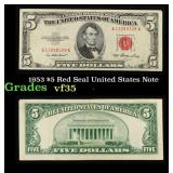 1953 $5 Red Seal United States Note Grades vf++