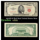 1953B $5 Red Seal United States Note Grades vf++