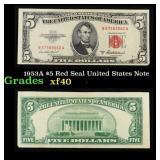 1953A $5 Red Seal United States Note Grades xf