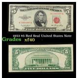 1953 $5 Red Seal United States Note Grades xf