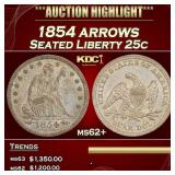 1854 arrows Seated Liberty Quarter 25c ms62+ USCG