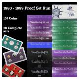 1980-1999 Proof Set Run 107 Coins 20 Complete Sets