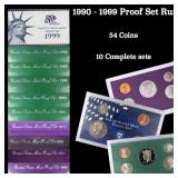 1990-1999 Proof Set Run 54 Coins 10 Complete Sets