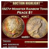 1927-p Peace Dollar Monster Rainbow Toned $1 ms65+