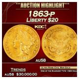 1863-p Gold Liberty Double Eagle $20 au58 SEGS