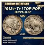 1913-p Ty I Buffalo Nickel TOP POP! 5c ms68+ SEGS