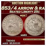 1853/4 arrow & rays Seated Liberty Quarter 25c ms6