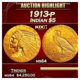 1913-p Gold Indian Half Eagle $5 ms64 USCG