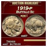1919-p Buffalo Nickel 5c ms67 SEGS