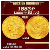 1853-p Gold Liberty Quarter Eagle $2 1/2 ms64 SEGS