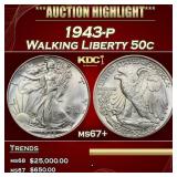 1943-p Walking Liberty Half Dollar 50c ms67+ SEGS