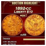 1892-cc Gold Liberty Eagle $10 au55 USCG
