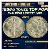 1936-d Walking Liberty Half Dollar Toned TOP POP!