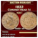 1833 Coronet Head Large Cent 1c ms62+ bn USCG