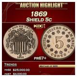 1869 Proof Shield Nickel 5c pr67+ SEGS