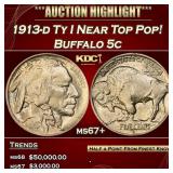 1913-d Ty I Buffalo Nickel Near Top Pop! 5c ms67+