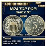 1874 Proof Shield Nickel TOP POP! 5c pr67+ cam SEG