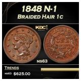 1848 Braided Hair Large Cent N-1 1c ms63 USCG