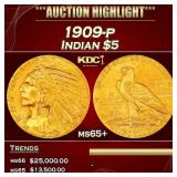 1909-p Gold Indian Half Eagle $5 ms65+ SEGS