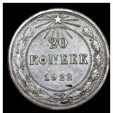 1922 Early Soviet Russia 20 Kopeks Silver Y# 82 Gr