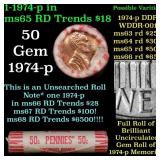 BU Shotgun Lincoln 1c roll, 1974-p 50 pcs Federal