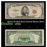 1953A $5 Red Seal United States Note Grades vf++