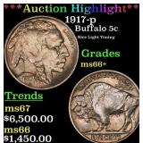 *Highlight* 1917-p Buffalo Nickel 5c ms66+ SEGS (f