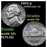1962-p Jefferson Nickel 5c Grades GEM+ 5fs
