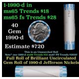 BU Shotgun Jefferson 5c roll, 1990-d 40 pcs Bank $