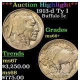 *Highlight* 1913-d Ty I Buffalo Nickel 5c ms66+ SE
