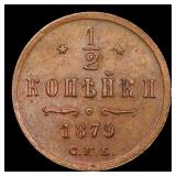 1879 Imperial Russia 1/2 Kopek Y# 8.2 Grades Choic