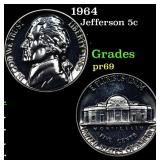 1964 Proof Jefferson Nickel 5c Grades GEM++ Proof