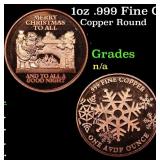 1oz .999 Fine Copper Bullion Round - Merry Chirstm
