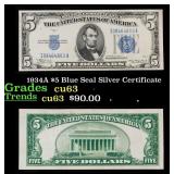 1934A $5 Blue Seal Silver Certificate Grades Selec
