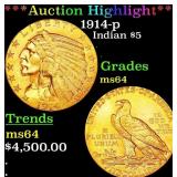 *Highlight* 1914-p Gold Indian Half Eagle $5 Choic