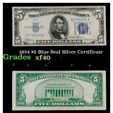 1934 $5 Blue Seal Silver Certificate Grades xf