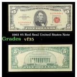 1963 $5 Red Seal United States Note Grades vf++
