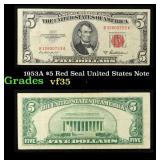 1953A $5 Red Seal United States Note Grades vf++